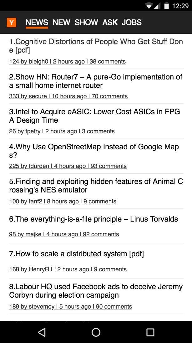 React HN HN PWA running on a mobile phone